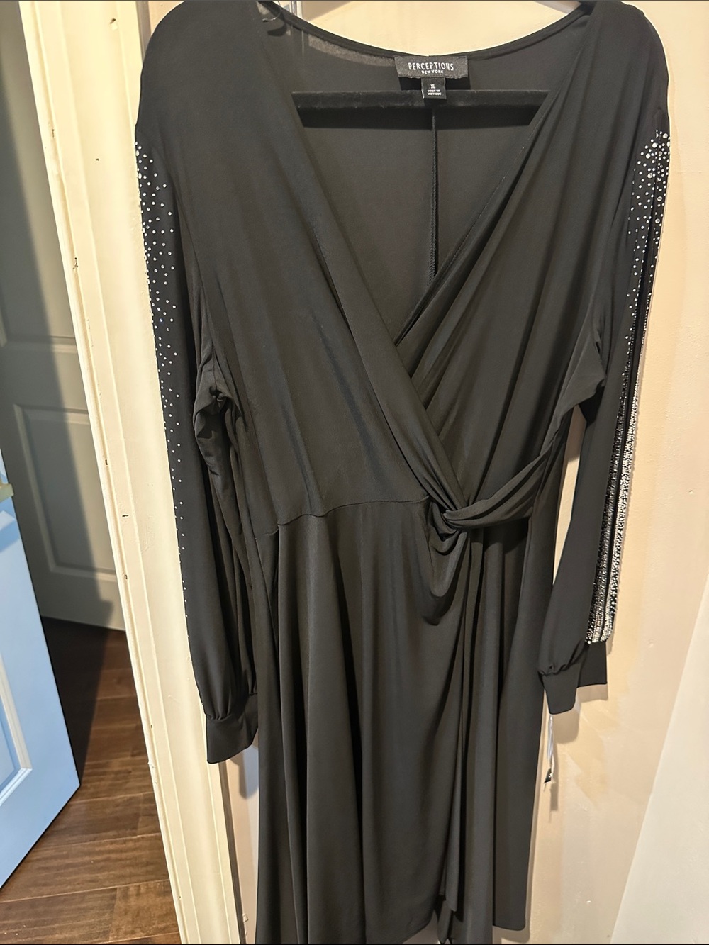 Perceptions Black Long Sleeve Wrapped Dress with Rhinestone Sleeve Detail
